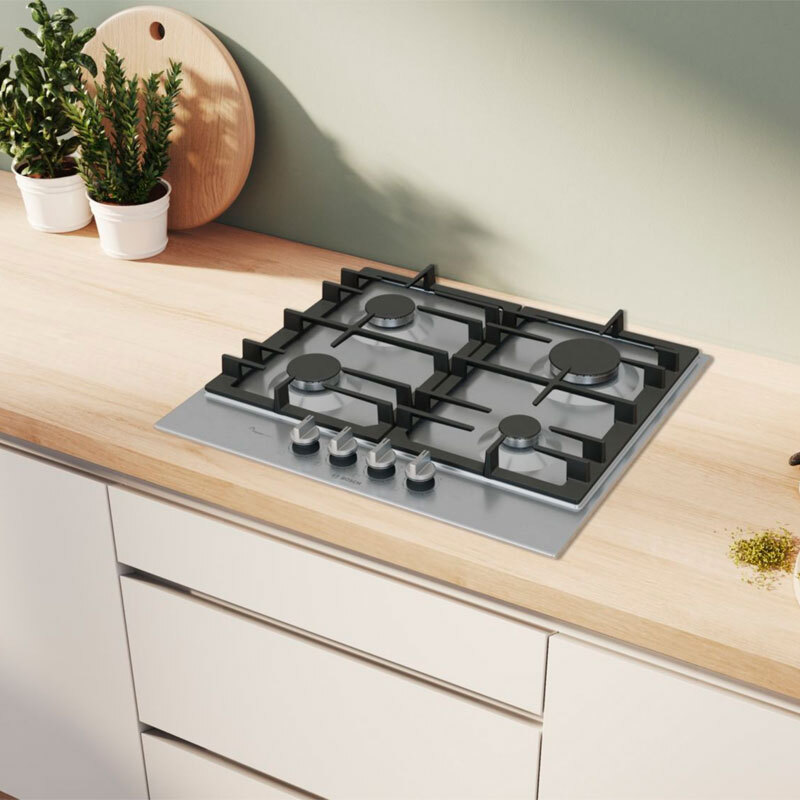 Placa de gas Bosch PCP6A5I90 – 60 cm Inox, 4 quemadores, FlameSelect 9 niveles