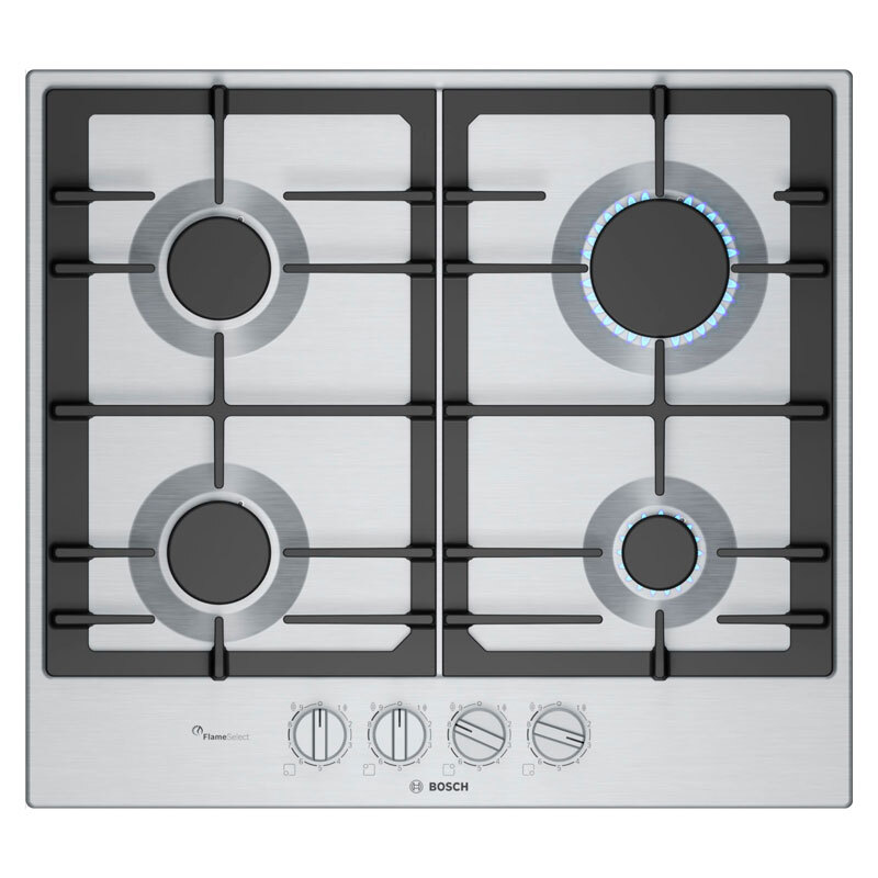 Placa de gas Bosch PCP6A5I90 – 60 cm Inox, 4 quemadores, FlameSelect 9 niveles