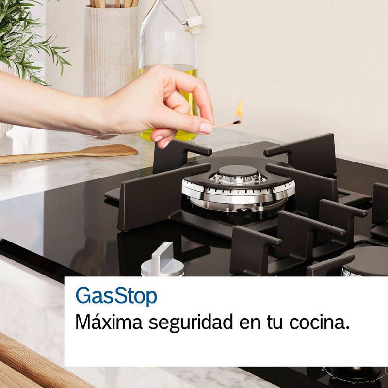 Placa de gas Bosch PCP6A5I90 – 60 cm Inox, 4 quemadores, FlameSelect 9 niveles