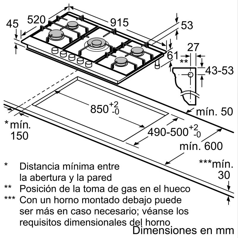 Placa de gas encastrable Bosch PCR9A5I90 – 90 cm Inox, 5 quemadores (wok), FlameSelect 9 niveles