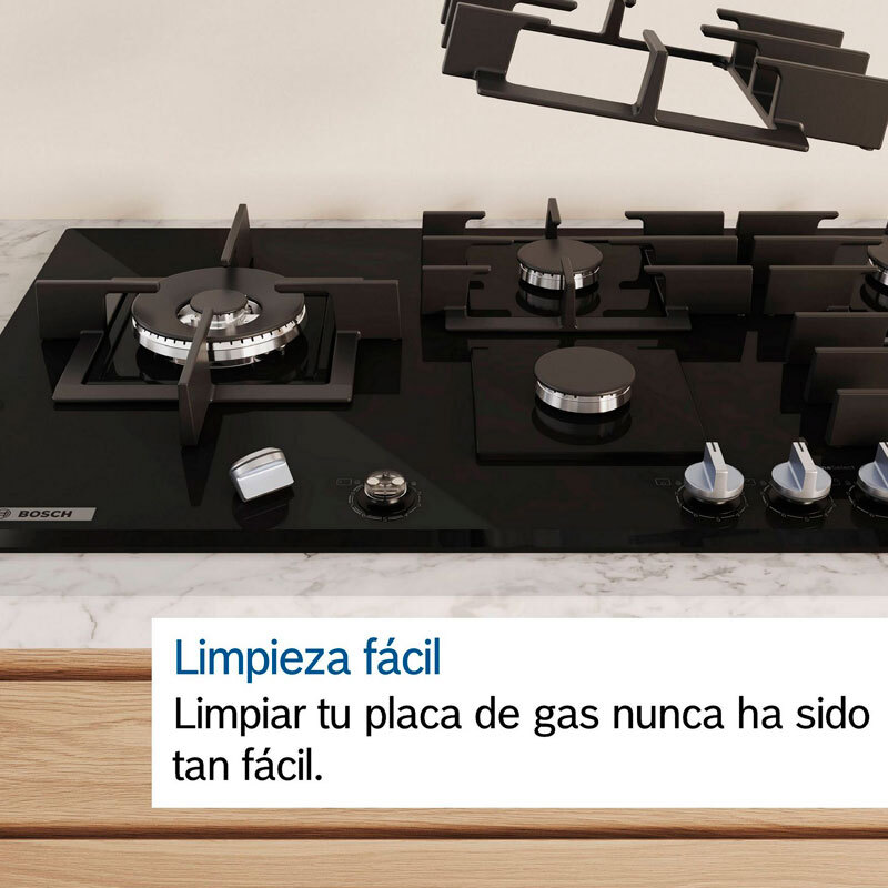 Placa de gas encastrable Bosch PCR9A5I90 – 90 cm Inox, 5 quemadores (wok), FlameSelect 9 niveles