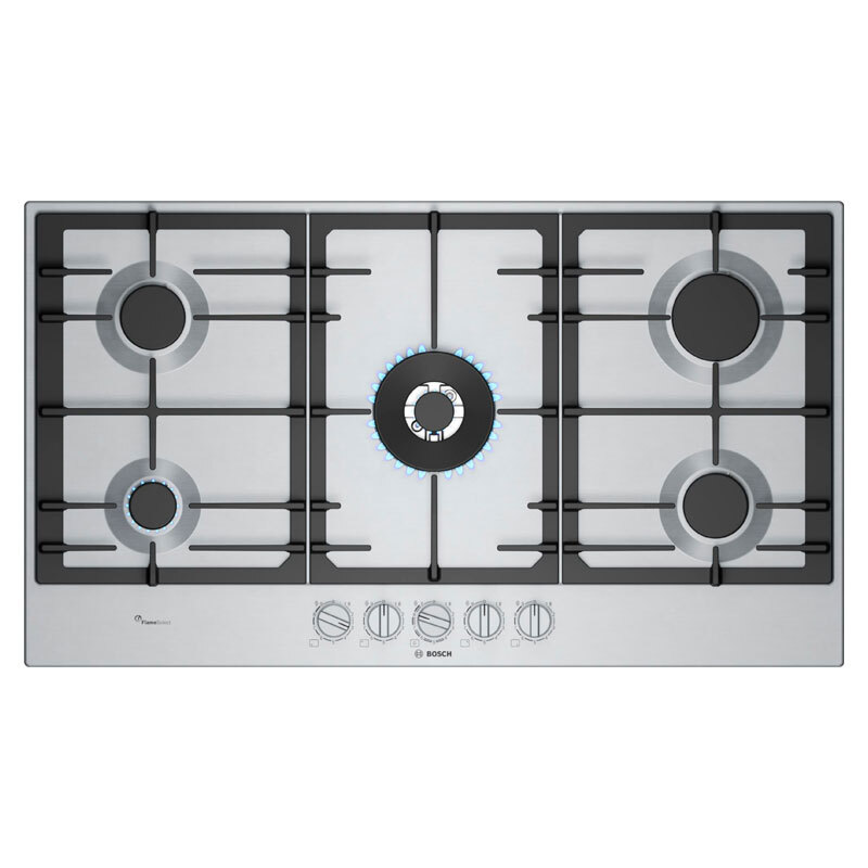 Placa de gas encastrable Bosch PCR9A5I90 – 90 cm Inox, 5 quemadores (wok), FlameSelect 9 niveles