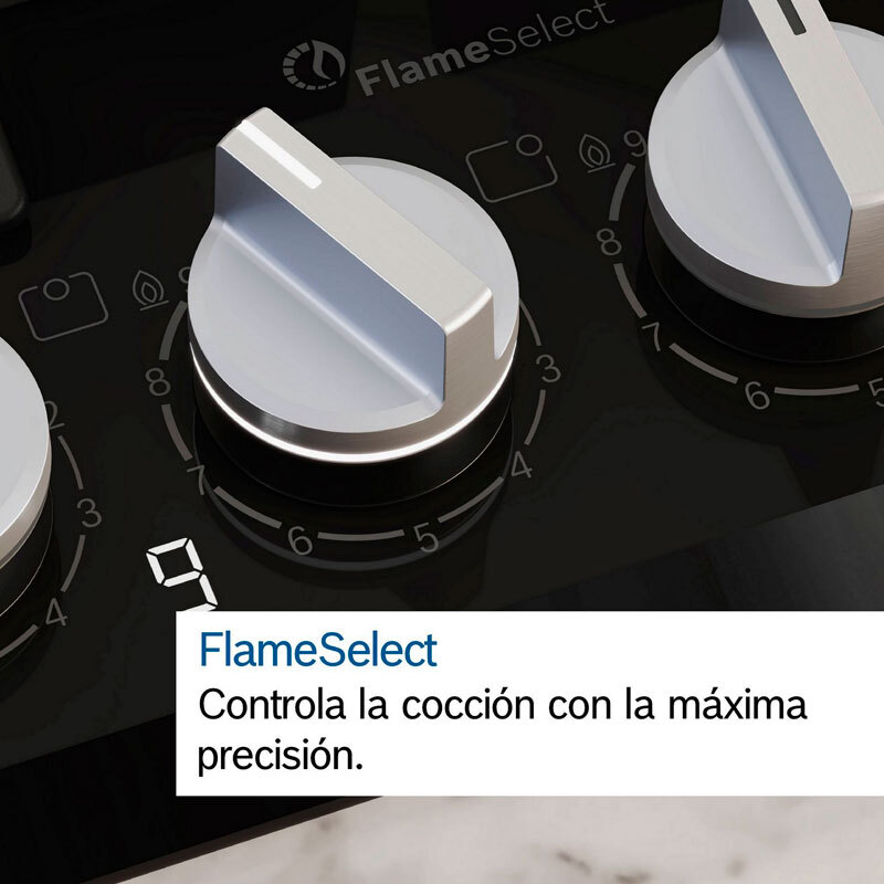 Placa de gas encastrable Bosch PCR9A5I90 – 90 cm Inox, 5 quemadores (wok), FlameSelect 9 niveles