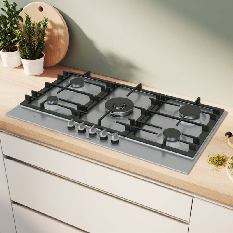 Placa de gas encastrable Bosch PCR9A5I90 – 90 cm Inox, 5 quemadores (wok), FlameSelect 9 niveles