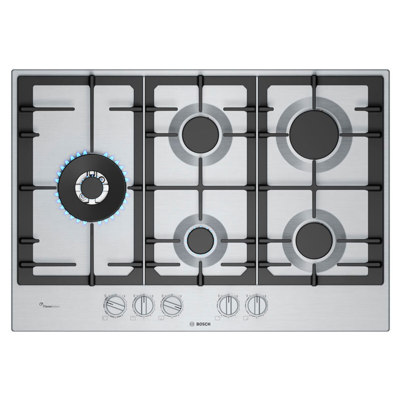 Placa de gas Bosch PCS7A5I90 – 75 cm Inox, 5 quemadores, FlameSelect 9 niveles