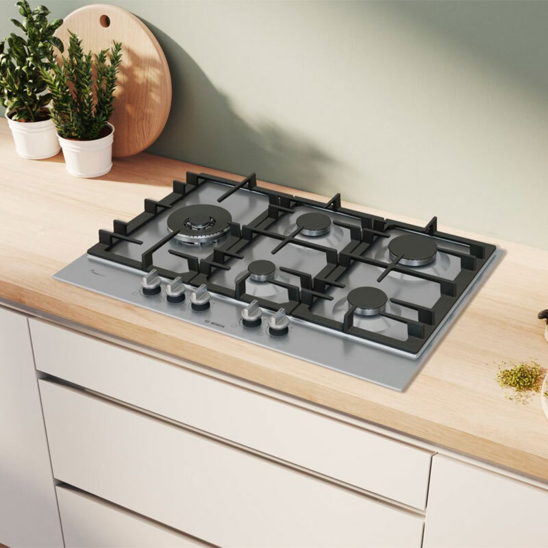 Placa de gas Bosch PCS7A5I90 – 75 cm Inox, 5 quemadores, FlameSelect 9 niveles