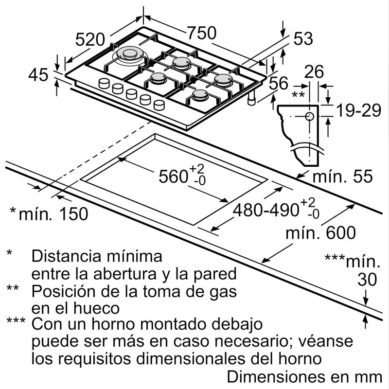 Placa de gas Bosch PCS7A5I90 – 75 cm Inox, 5 quemadores, FlameSelect 9 niveles