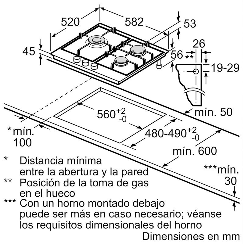 Placa de gas Bosch PGC6B5K90 – 3 quemadores, acero inoxidable, GasStop