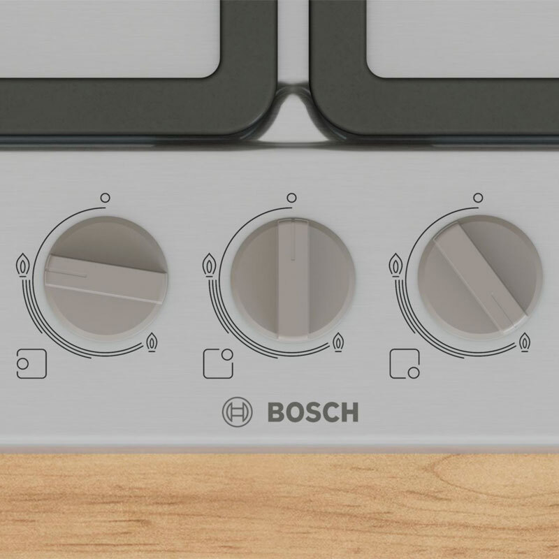 Placa de gas Bosch PGC6B5K90 – 3 quemadores, acero inoxidable, GasStop