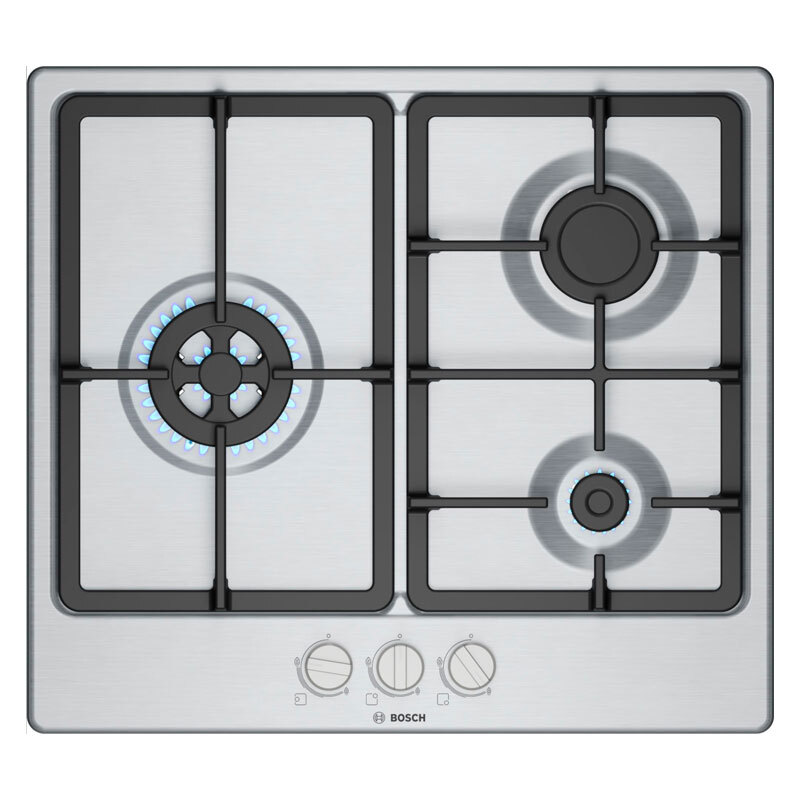 Placa de gas Bosch PGC6B5K90 – 3 quemadores, acero inoxidable, GasStop