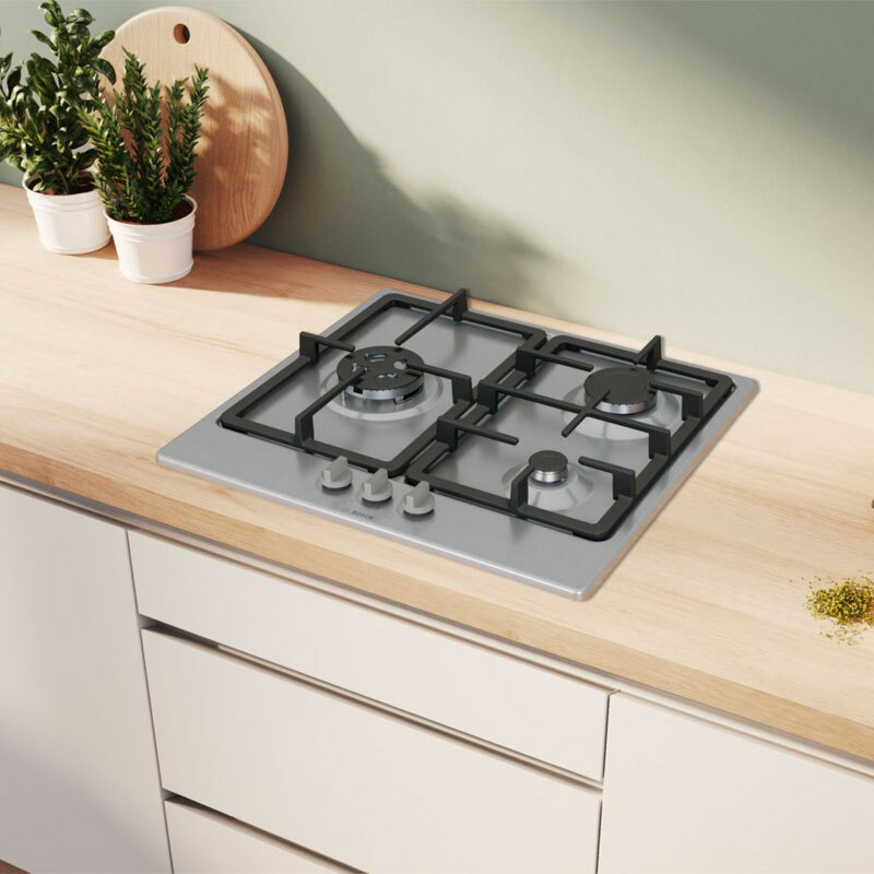 Placa de gas Bosch PGC6B5K90 – 3 quemadores, acero inoxidable, GasStop