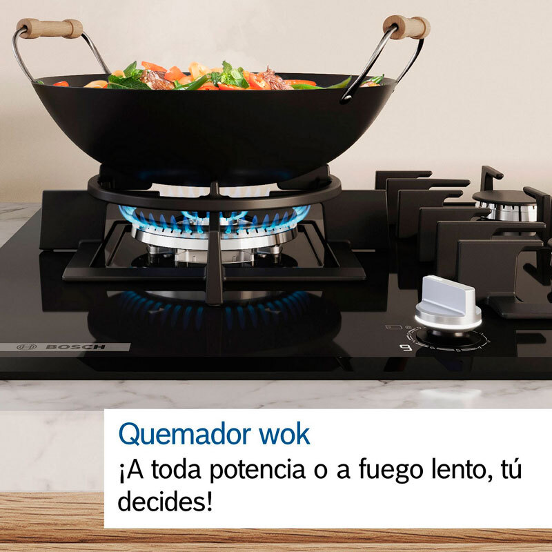 Placa de gas encastrable Bosch PGH6B5K90 – 60 cm Inox, 4 quemadores, Quemador Wok
