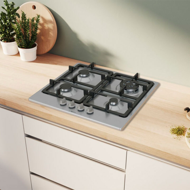 Placa de gas encastrable Bosch PGH6B5K90 – 60 cm Inox, 4 quemadores, Quemador Wok