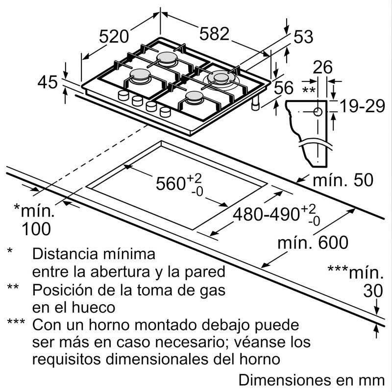 Placa de gas encastrable Bosch PGH6B5K90 – 60 cm Inox, 4 quemadores, Quemador Wok