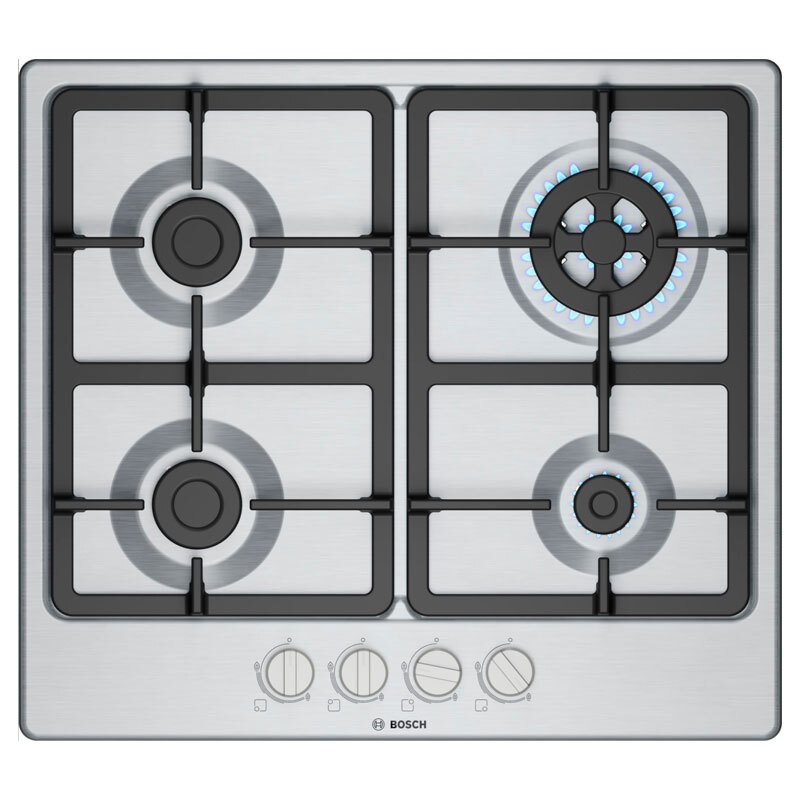 Placa de gas encastrable Bosch PGH6B5K90 – 60 cm Inox, 4 quemadores, Quemador Wok
