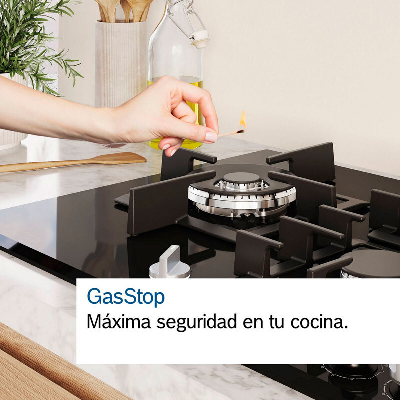 Placa de gas encastrable Bosch PGH6B5K90 – 60 cm Inox, 4 quemadores, Quemador Wok