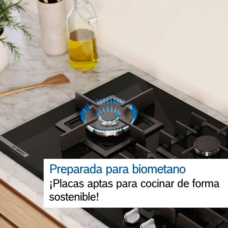 Placa de gas Bosch PNP6B6K40 – Cristal templado negro, 4 quemadores 7,5 kW, GasStop