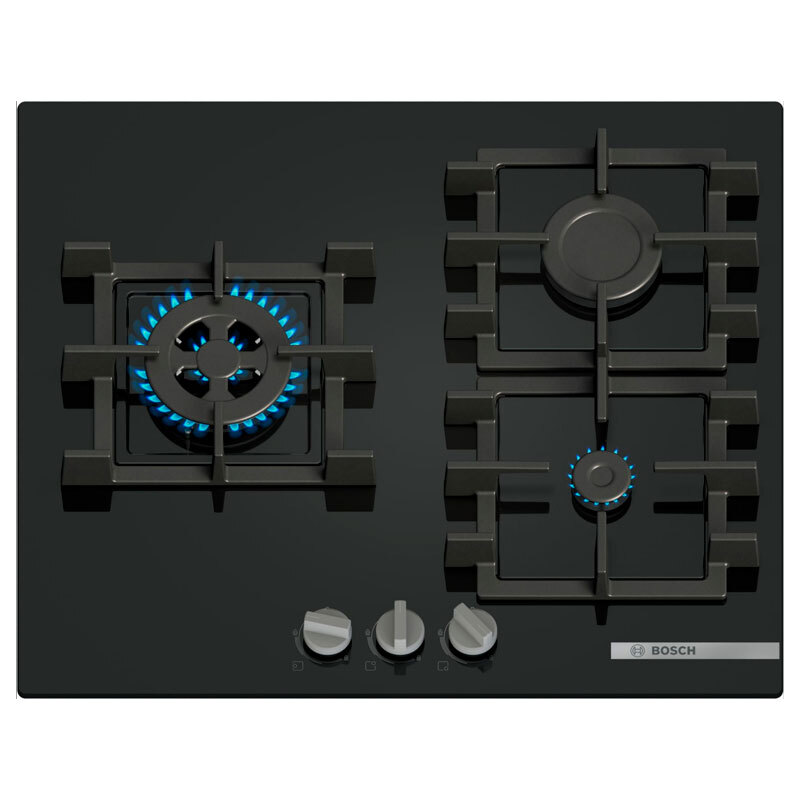 Placa de gas Bosch PNP6B6K40 – Cristal templado negro, 4 quemadores 7,5 kW, GasStop