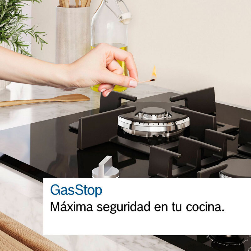 Placa de gas Bosch PNP6B6K40 – Cristal templado negro, 4 quemadores 7,5 kW, GasStop