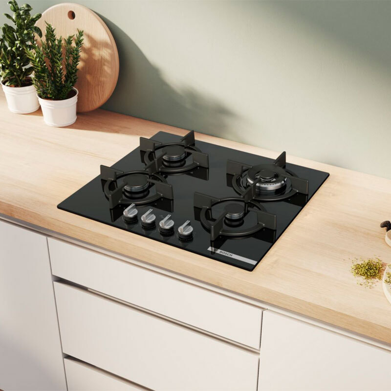 Placa de gas Bosch PPH6A6I10 – Cristal templado negro, 4 quemadores (WOK), FlameSelect 9 niveles