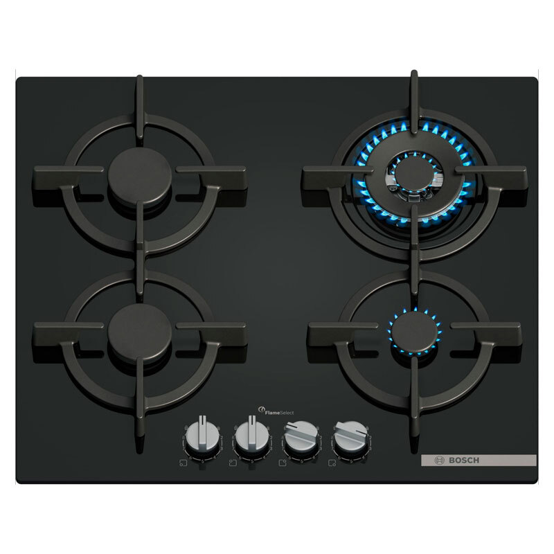 Placa de gas Bosch PPH6A6I10 – Cristal templado negro, 4 quemadores (WOK), FlameSelect 9 niveles