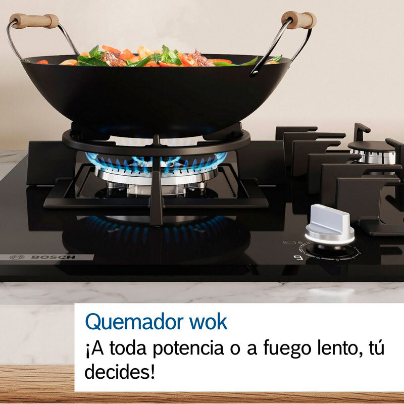 Placa de gas Bosch PPH6A6I10 – Cristal templado negro, 4 quemadores (WOK), FlameSelect 9 niveles