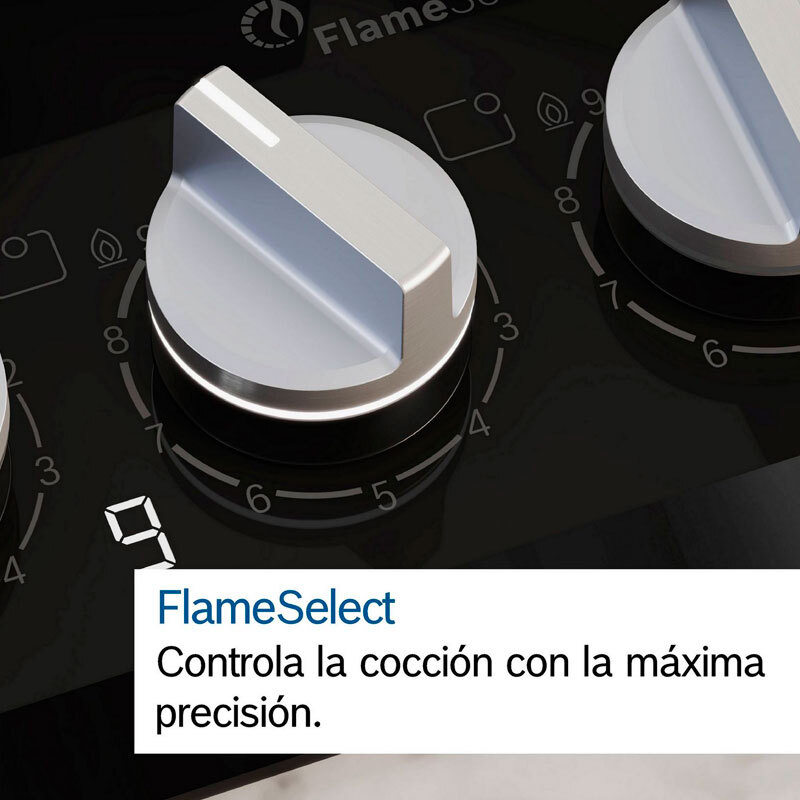 Placa de gas Bosch PPH6A6I10 – Cristal templado negro, 4 quemadores (WOK), FlameSelect 9 niveles