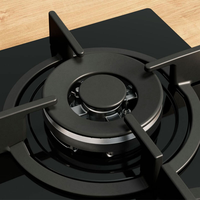 Placa de gas Bosch PPH6A6I10 – Cristal templado negro, 4 quemadores (WOK), FlameSelect 9 niveles