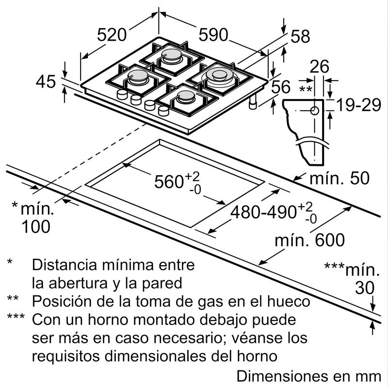 Placa de gas Bosch PPH6A6I10 – Cristal templado negro, 4 quemadores (WOK), FlameSelect 9 niveles