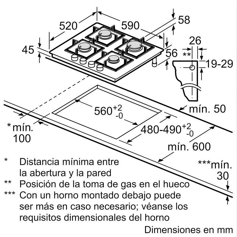 Placa de gas Bosch PPP6A6I10 – Cristal templado negro, 4 quemadores, FlameSelect 9 niveles