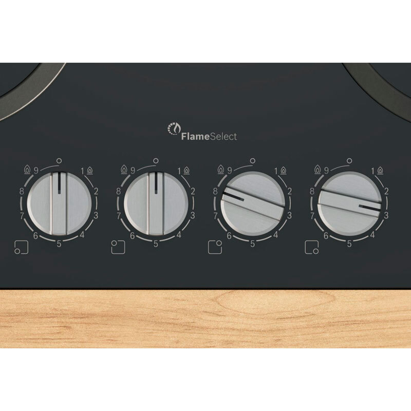 Placa de gas Bosch PPP6A6I10 – Cristal templado negro, 4 quemadores, FlameSelect 9 niveles