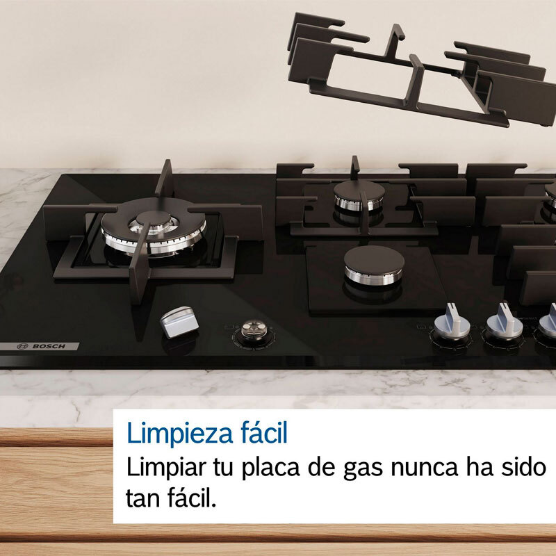 Placa de gas Bosch PPP6A6I10 – Cristal templado negro, 4 quemadores, FlameSelect 9 niveles