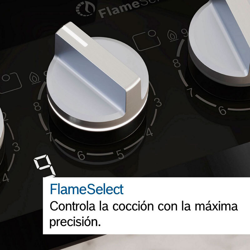 Placa de gas Bosch PPP6A6I10 – Cristal templado negro, 4 quemadores, FlameSelect 9 niveles