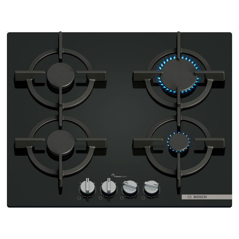 Placa de gas Bosch PPP6A6I10 – Cristal templado negro, 4 quemadores, FlameSelect 9 niveles