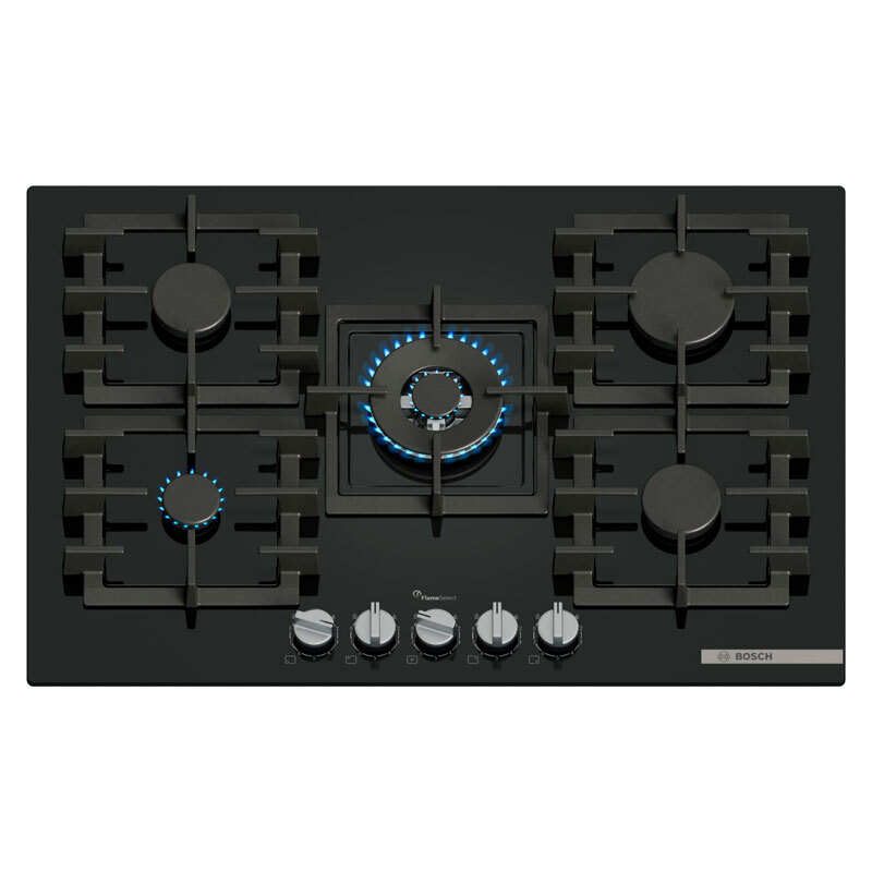 Placa de gas Bosch PPQ7A6I40 – 5 zonas, Cristal templado negro, FlameSelect 9 niveles