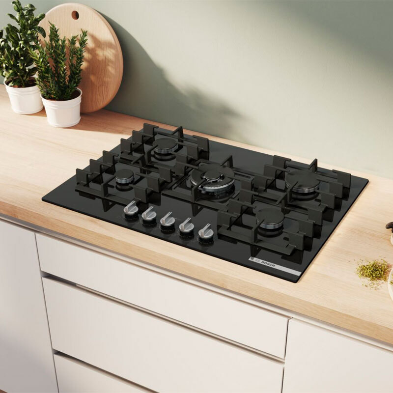 Placa de gas Bosch PPQ7A6I40 – 5 zonas, Cristal templado negro, FlameSelect 9 niveles