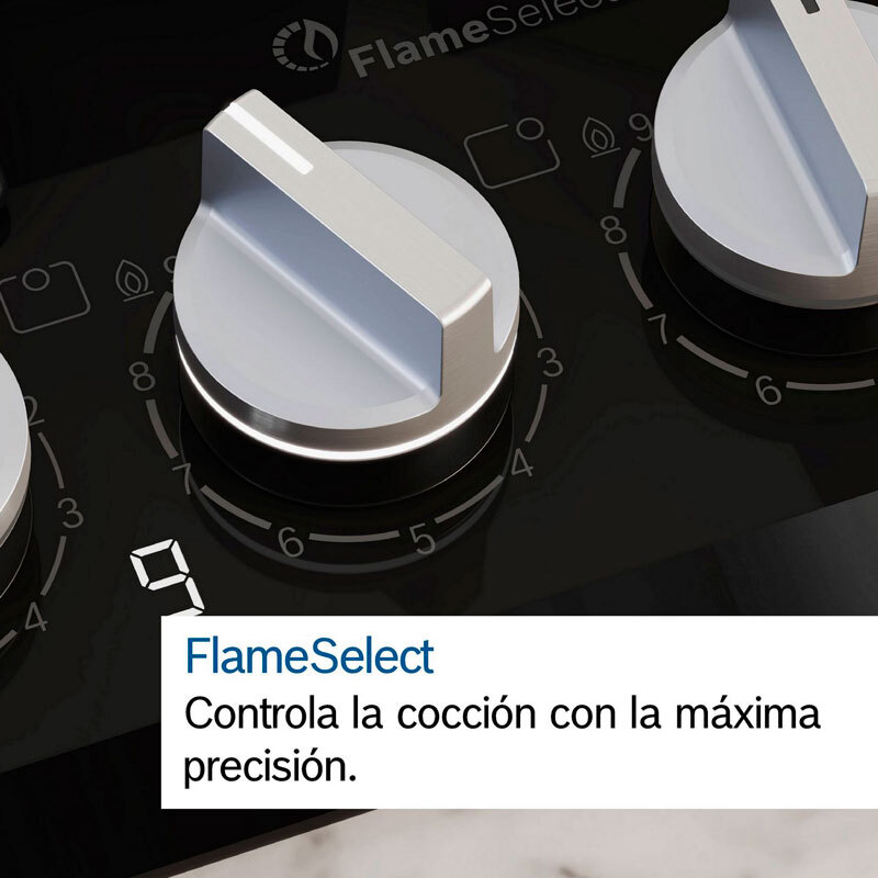 Placa dominó gas Bosch PRA3A6I10 – Vitrocerámica negra, FlameSelect 9 niveles, GasStop seguridad