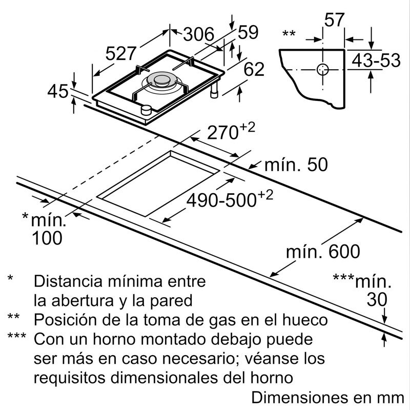 Placa dominó gas Bosch PRA3A6I10 – Vitrocerámica negra, FlameSelect 9 niveles, GasStop seguridad