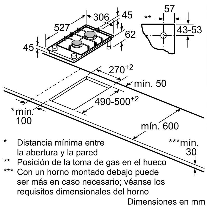 Placa de gas encastrable Bosch PRB3A6I40 – 30 cm, 2 fuegos, GasStop