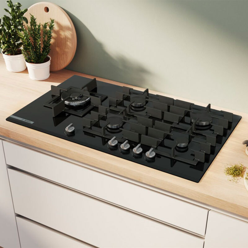 Placa de gas 90 cm Bosch PRS9A6H40 – Cristal templado, 5 quemadores, FlameSelect 9 niveles