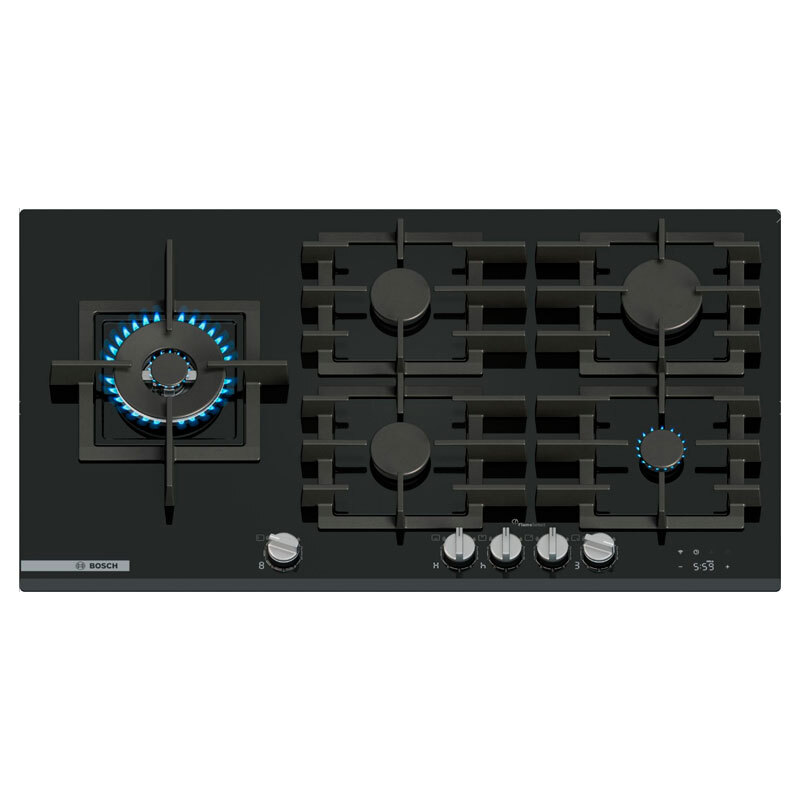 Placa de gas 90 cm Bosch PRS9A6H40 – Cristal templado, 5 quemadores, FlameSelect 9 niveles