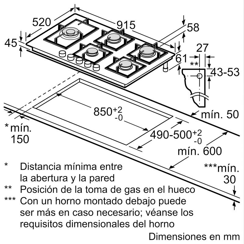 Placa de gas 90 cm Bosch PRS9A6H40 – Cristal templado, 5 quemadores, FlameSelect 9 niveles