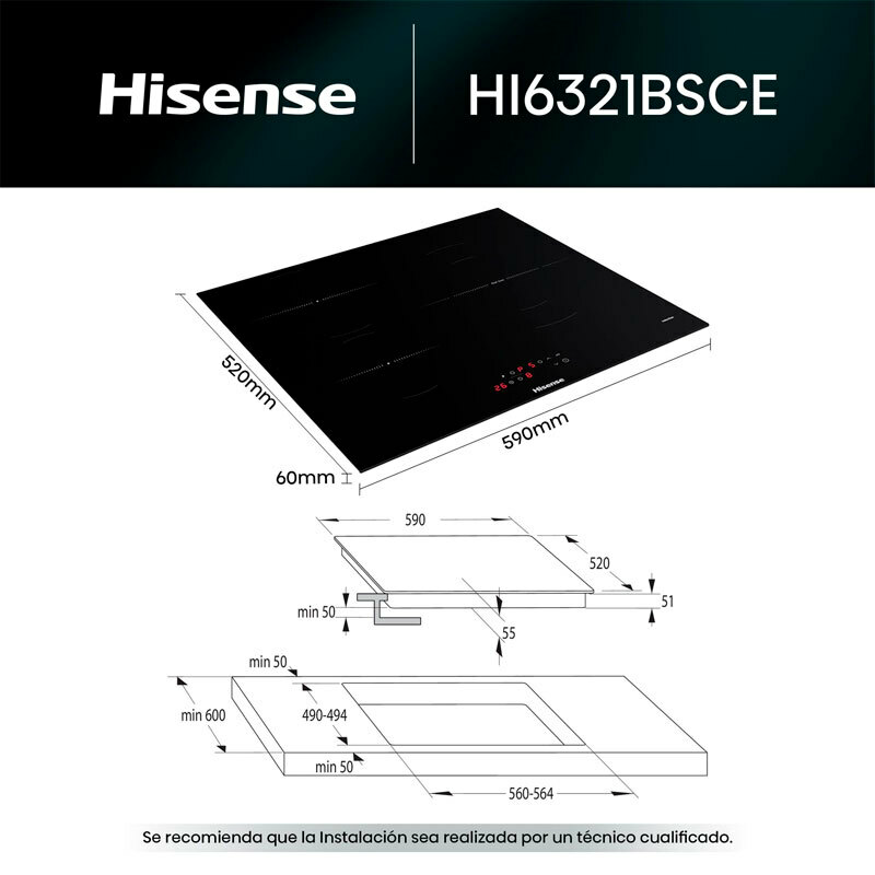 Placa de inducción Hisense HI6321BSCE – 59 cm, 3 zonas (32 cm flexible), 7.100 W PowerBoost