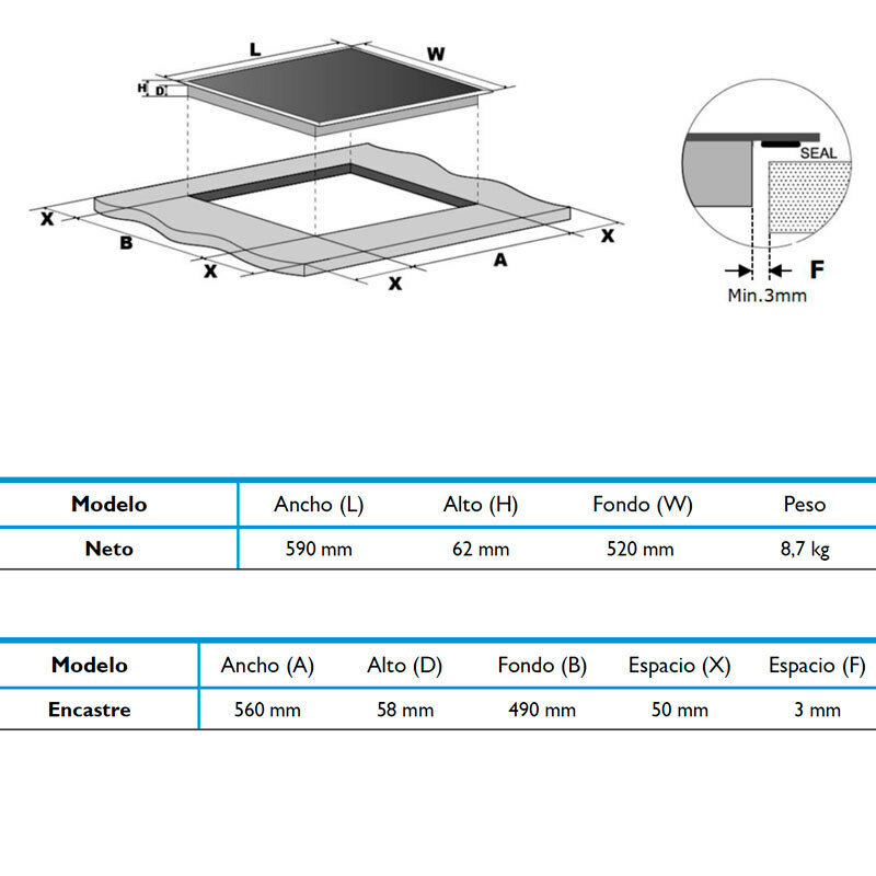 Placa de inducción Midea MIH740T279K0 – 60 cm, Zona Flex, 7400 W
