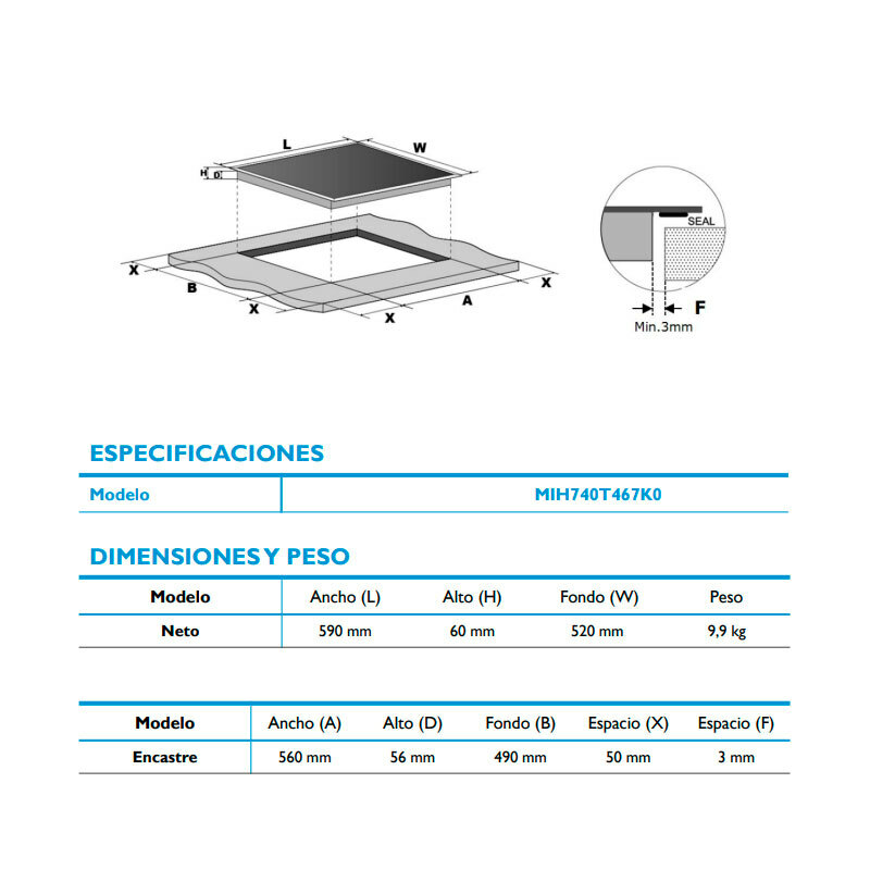 Placa de inducción Midea MIH740T467K0 – 3 zonas, inductor 32 cm, 7,4 kW Booster
