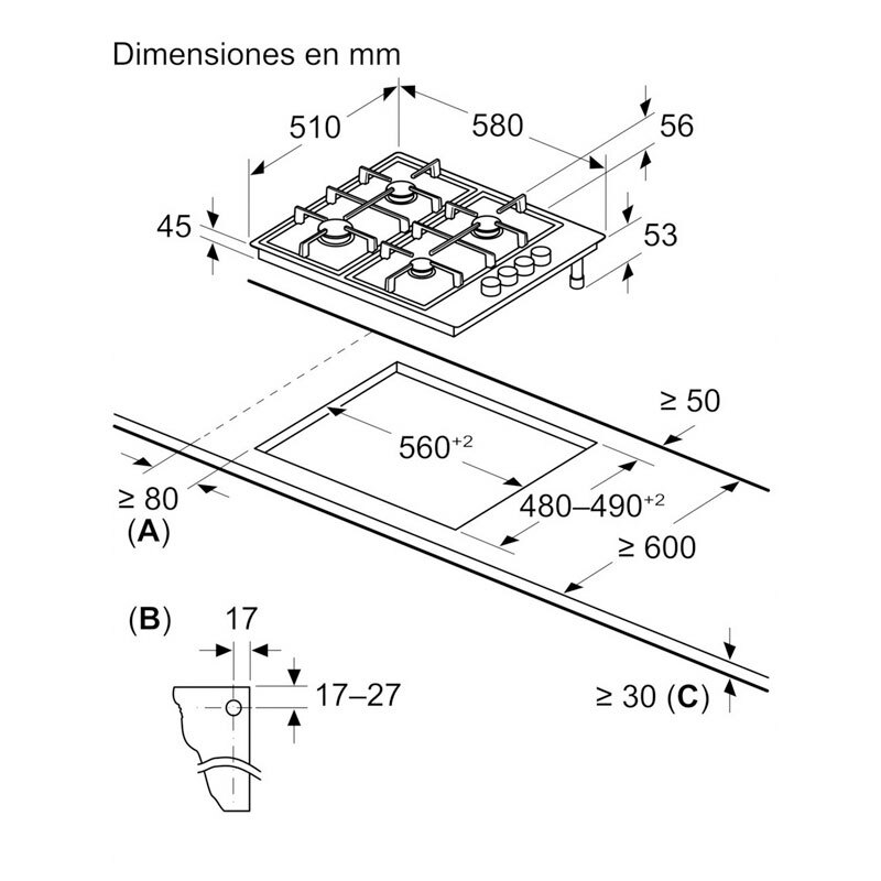 Placa de gas Balay 3ETX464BB – Acero inoxidable, 4 fuegos, GasStop