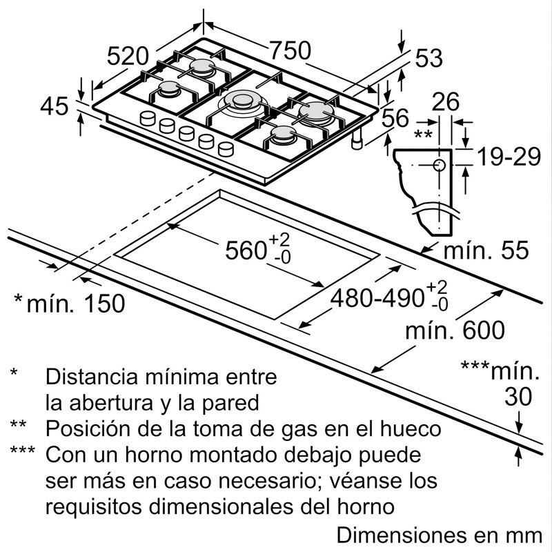 Placa de gas Balay 3ETX576CB – 75 cm, 5 quemadores, Quemador Wok doble llama