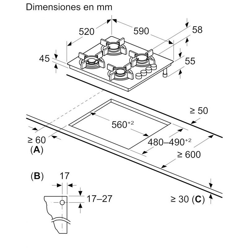 Placa de gas Balay 3ETG464SB – Cristal templado negro, 4 quemadores 7.500 W, Enrasada 59 cm