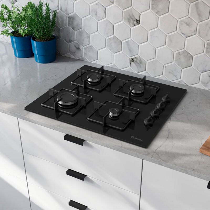Placa de gas Balay 3ETG464SB – Cristal templado negro, 4 quemadores 7.500 W, Enrasada 59 cm