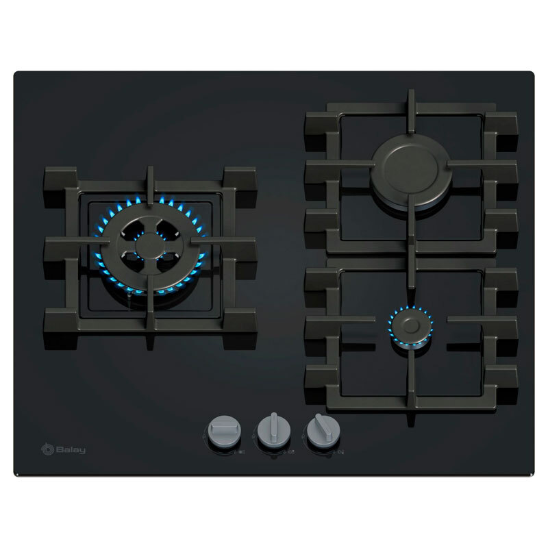 Placa de gas integrable Balay 3ETG563QB – Cristal templado negro, 3 quemadores (wok doble llama), GasStop